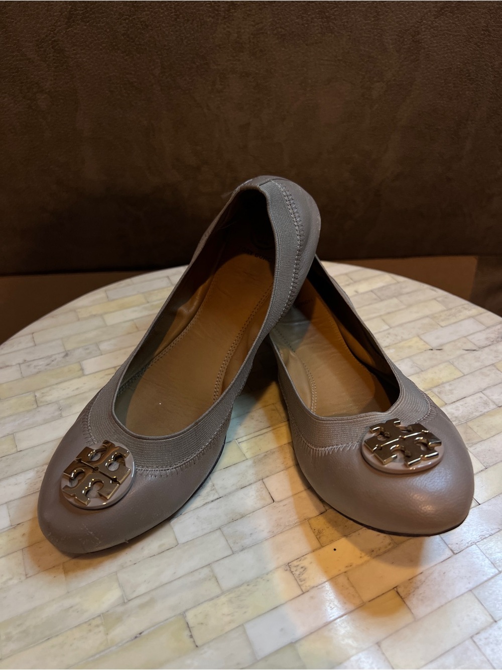 Tory Burch Taupe Leather Logo Ballet Flats